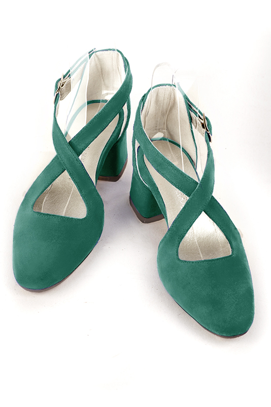 Women's emerald green elegant closed-back heels, with crossed straps. .  - Top view